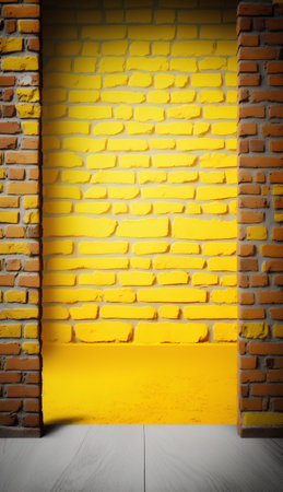 Bright yellow brick wall and white wooden floor. Empty space for your text.