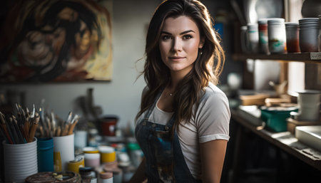 Portrait of a beautiful female artist in her studio. Art conceptの素材