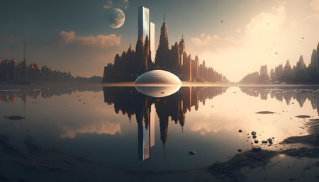 Fantasy landscape with planet and city. 3d render illustration.の素材