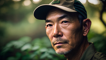 Portrait of an elderly Asian man wearing a cap and camouflage in the forestの素材