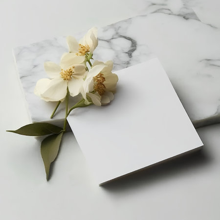 Blank greeting card with jasmine flowers on white marble backgroundの素材