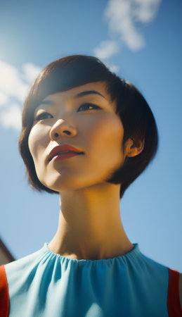 Portrait of a beautiful young asian woman with blue sky backgroundの素材