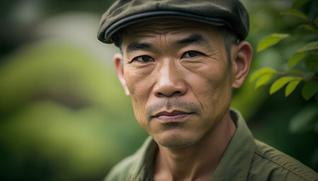 Portrait of a senior Asian man in a park wearing a capの素材