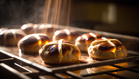 Hot cross buns on a baking sheet. Selective focus.の素材