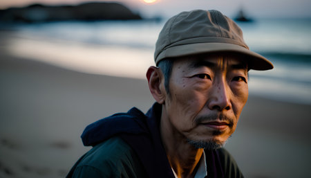 portrait of asian senior man wearing cap on the beach at sunsetの素材