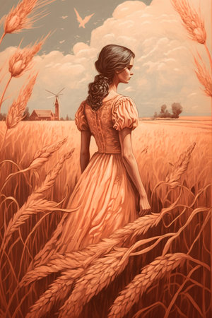 Beautiful girl in wheat field. Digital painting. Illustration.の素材