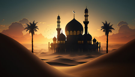 Illustration of Ramadan Kareem background with mosque and palms at sunsetの素材