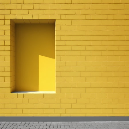 Yellow brick wall with a window in the middle. 3d renderの素材