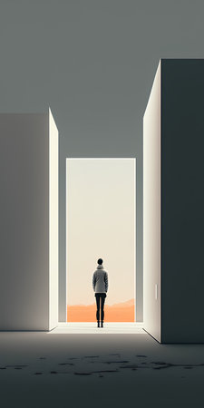 Man standing in front of an open door. 3D Renderingの素材