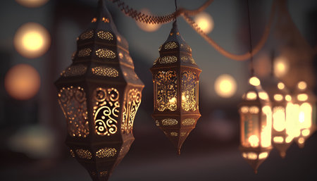 Arabic lanterns in the night. Ramadan Kareem background.の素材