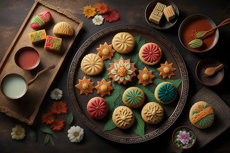 Korean traditional sweets and tea on wooden background. Top view.の素材