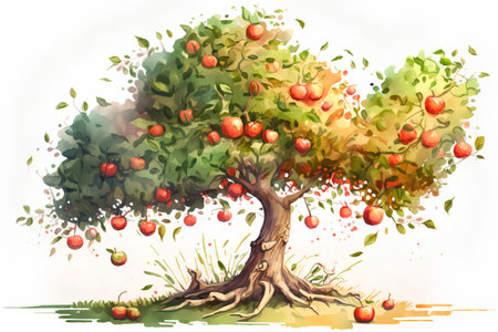 Watercolor apple tree with ripe fruits. Hand drawn vector illustration.の素材
