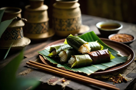 Thai dessert, sticky rice wrapped in banana leaf on wooden tableの素材