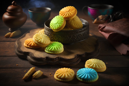 Traditional oriental cookies on a wooden background. tinting. selective focusの素材
