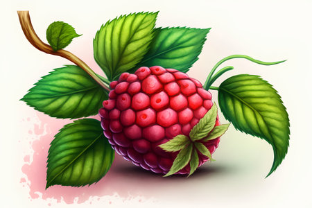 Raspberry with leaves on a white background. 3d illustration.の素材