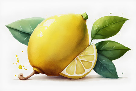 Lemon with leaves. Watercolor illustration on a white background.の素材