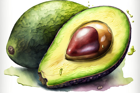 Avocado on white background. Watercolor hand drawn illustration of avocado.の素材