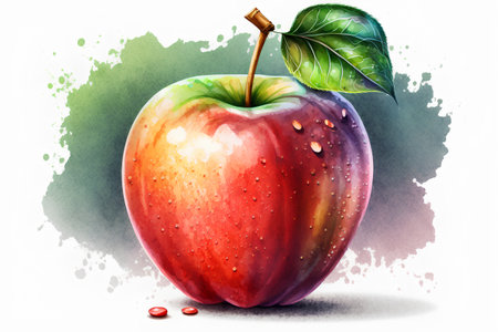 Watercolor illustration of red apple with water drops and green leaf.の素材