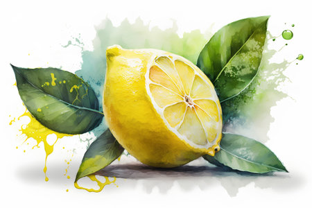 Watercolor illustration of lemon with green leaves and watercolor splashesの素材