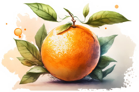 Watercolor painting of orange fruit with leaves. Hand drawn illustration.の素材