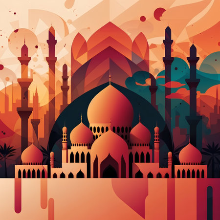 Colorful background with mosque and palm trees. Vector Illustration.の素材
