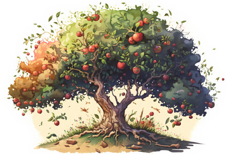 Apple tree with ripe apples on the ground. Hand drawn vector illustration.の素材