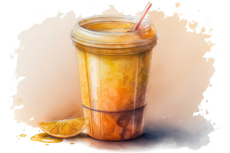 Orange juice in a plastic cup with a straw, watercolor illustrationの素材