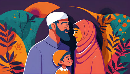 Muslim family with child. Vector illustration in cartoon style. Muslim family.の素材