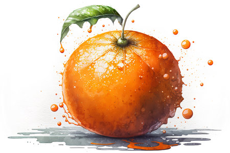 Watercolor painting of orange melon with splashes on white backgroundの素材