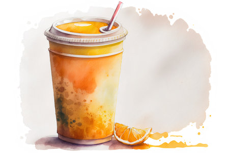 Watercolor illustration of a cup of orange juice with a straw.の素材