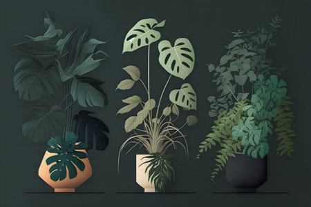 Illustration of a set of tropical plants in pots on a dark backgroundの素材