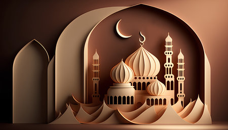 Ramadan Kareem greeting card with mosque and crescent moon. Vector illustration.の素材