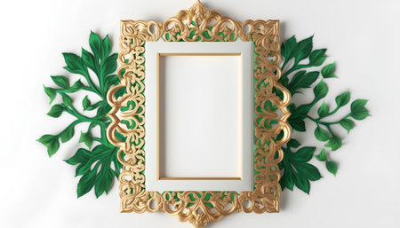 3d render of golden frame with green leaves on white background.の素材
