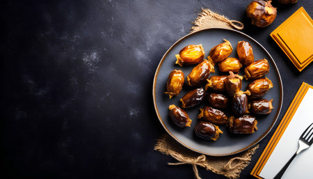 Dates fruit on black stone table. Top view with copy spaceの素材