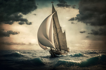 Sailing boat in the sea with dramatic sky. 3d renderingの素材