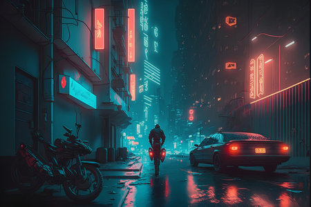 Cyclist in the city at night. 3D rendering.の素材