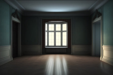 Interior of an empty room with a window and a wooden floorの素材