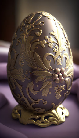 Easter egg with gold ornament on a purple background. Close-up.の素材