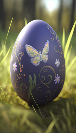Easter egg with butterfly on green grass. 3D illustration.の素材