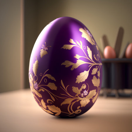 Purple easter egg with floral ornament. 3D illustration.の素材