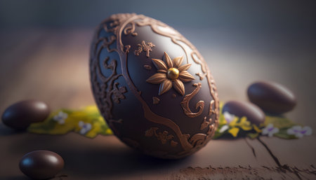 Chocolate easter egg with flowers on a dark wooden background.の素材