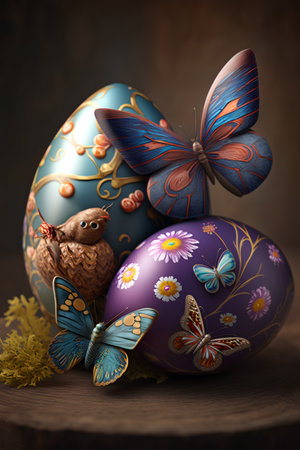 Easter eggs with butterflies on a wooden background. 3d illustrationの素材