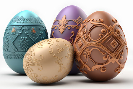 Easter eggs 3D render on a white background with clipping pathの素材