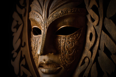 Wooden carved mask on black background. Close-up. Selective focus.の素材