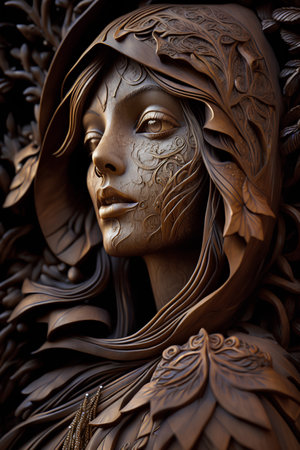 3d rendering of a female face made of wood and metal.の素材