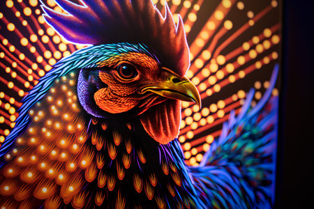 Colorful rooster on the background of a luminous wall.の素材
