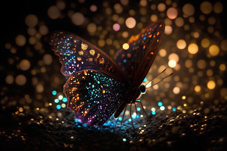 Beautiful butterfly on dark background with bokeh effect. 3d renderingの素材