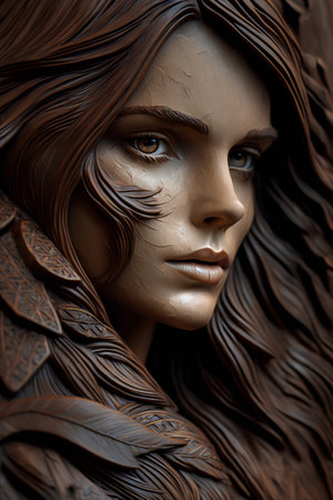 3D rendering of a female face with bronze skin and hair.の素材