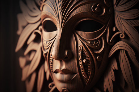 Wooden mask with ornament close-up. 3d illustration.の素材