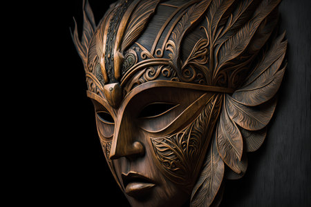 Wooden mask on a black background. Close-up. 3D illustration.の素材
